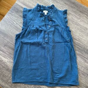 J. Crew Factory gauze sleeveless button up w/ ruffle details. Blue. Small. EUC.